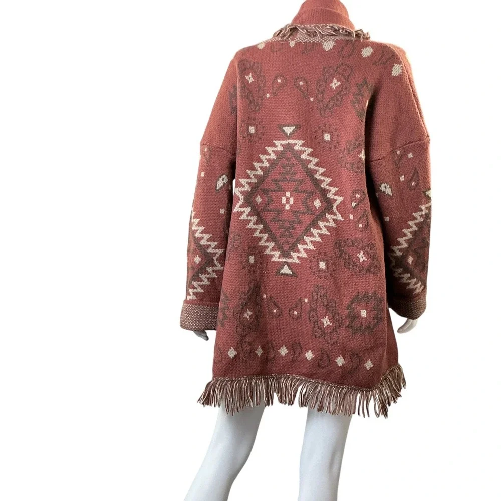 Womens Large Southwestern Fringe Open Front Cardigan Rust 12W2790N - Picture 6 of 16